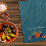 Rustic Autumn Orange Navy Blue Floral Tea Towel<br><div class="desc">Rustic autumn floral: Navy blue and terracotta burnt orange floral with fall foliage. Features teal blue and modern script typography</div>