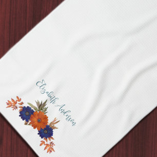 Rustic Autumn Orange Navy Blue Floral Tea Towel