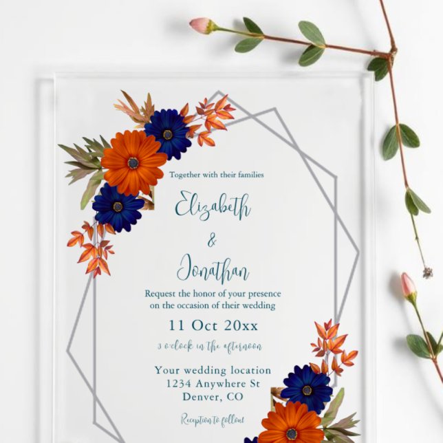 Rustic Autumn Orange Navy Blue Floral Wedding Acrylic Invitations (Creator Uploaded)