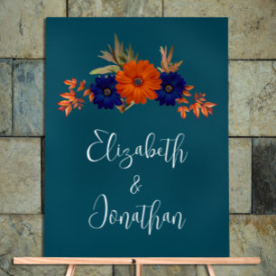 Rustic Autumn Orange Navy Blue Floral Wedding Acrylic Sign