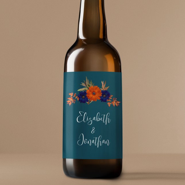 Rustic Autumn Orange Navy Blue Floral Wedding Beer Bottle Label (Creator Uploaded)