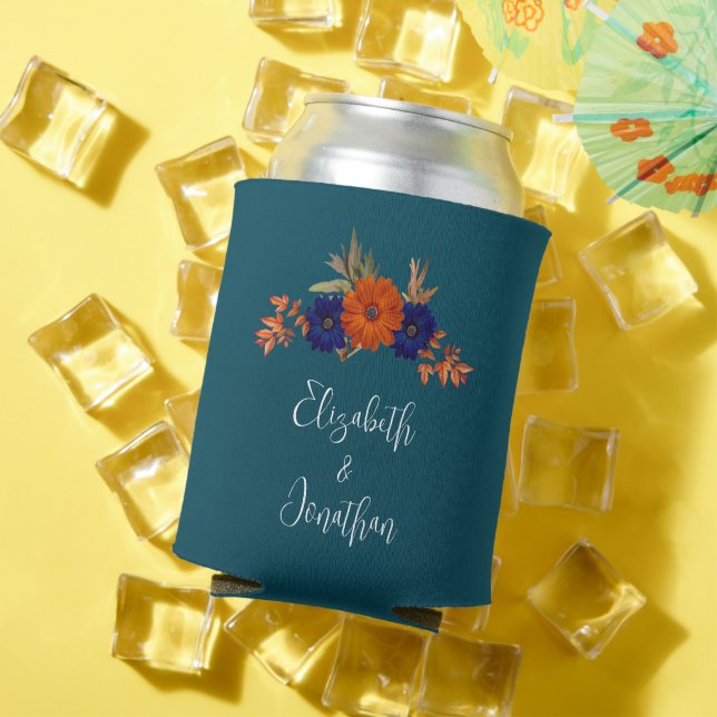 Rustic Autumn Orange Navy Blue Floral Wedding Can Cooler (In Situ Summer)