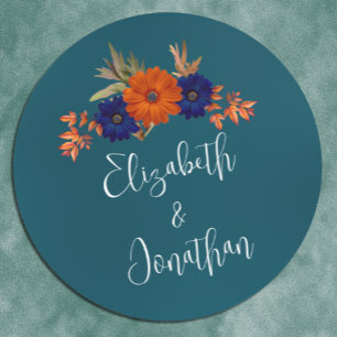 Rustic Autumn Orange Navy Blue Floral Wedding Classic Round Sticker