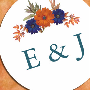 Rustic Autumn Orange Navy Blue Floral Wedding Classic Round Sticker