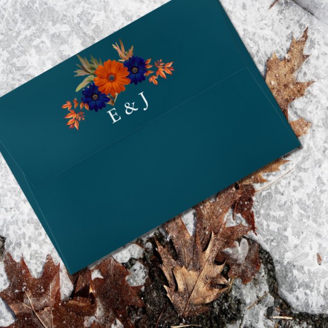 Rustic Autumn Orange Navy Blue Floral Wedding Envelope (Creator Uploaded)
