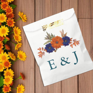 Rustic Autumn Orange Navy Blue Floral Wedding Favour Bag