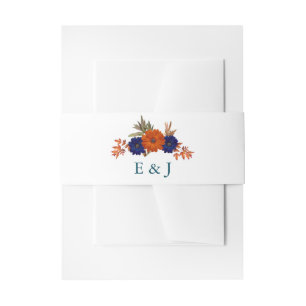 Rustic Autumn Orange Navy Blue Floral Wedding Invitation Belly Band