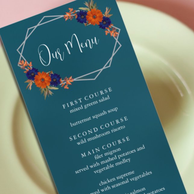 Rustic Autumn Orange Navy Blue Floral Wedding Menu (Creator Uploaded)