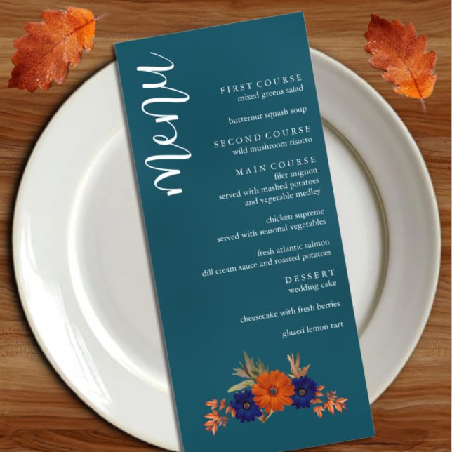 Rustic Autumn Orange Navy Blue Floral Wedding Menu (Creator Uploaded)