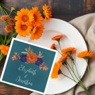 Rustic Autumn Orange Navy Blue Floral Wedding Napkin
