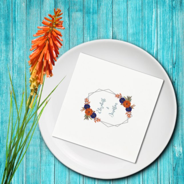 Rustic Autumn Orange Navy Blue Floral Wedding Napkin (Creator Uploaded)