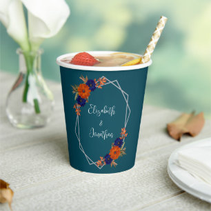 Rustic Autumn Orange Navy Blue Floral Wedding Paper Cups