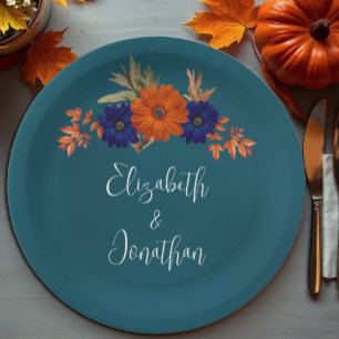 Rustic Autumn Orange Navy Blue Floral Wedding Paper Plate