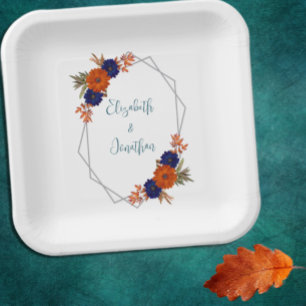 Rustic Autumn Orange Navy Blue Floral Wedding Paper Plate