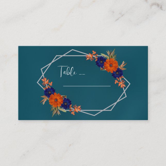 Rustic Autumn Orange Navy Blue Floral Wedding Place Card (Front)