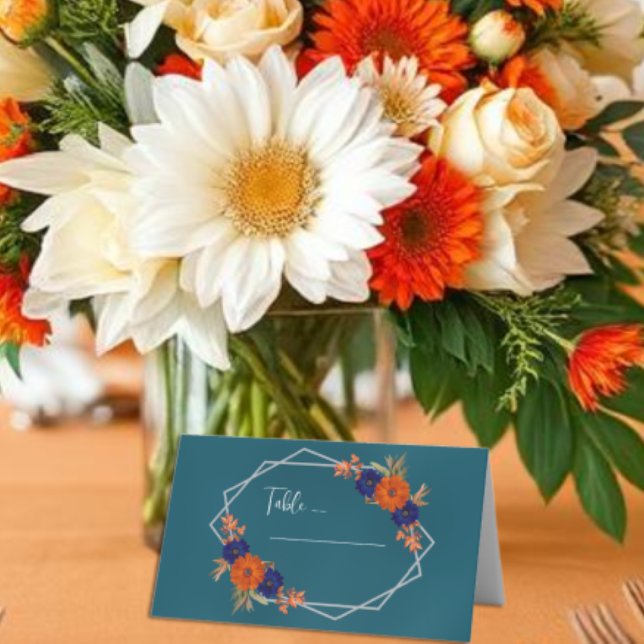 Rustic Autumn Orange Navy Blue Floral Wedding Place Card (Creator Uploaded)