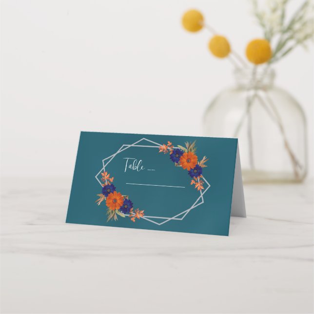 Rustic Autumn Orange Navy Blue Floral Wedding Place Card (Front)