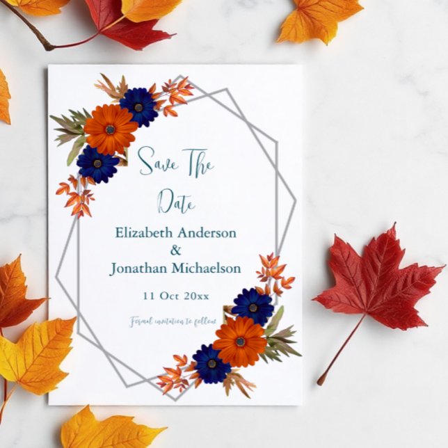 Rustic Autumn Orange Navy Blue Floral Wedding Save The Date (Creator Uploaded)