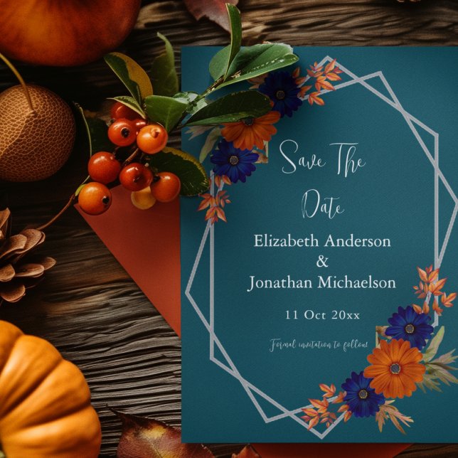 Rustic Autumn Orange Navy Blue Floral Wedding Save The Date (Creator Uploaded)