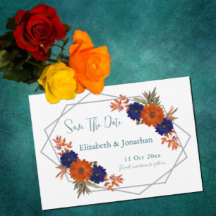 Rustic Autumn Orange Navy Blue Floral Wedding Save The Date