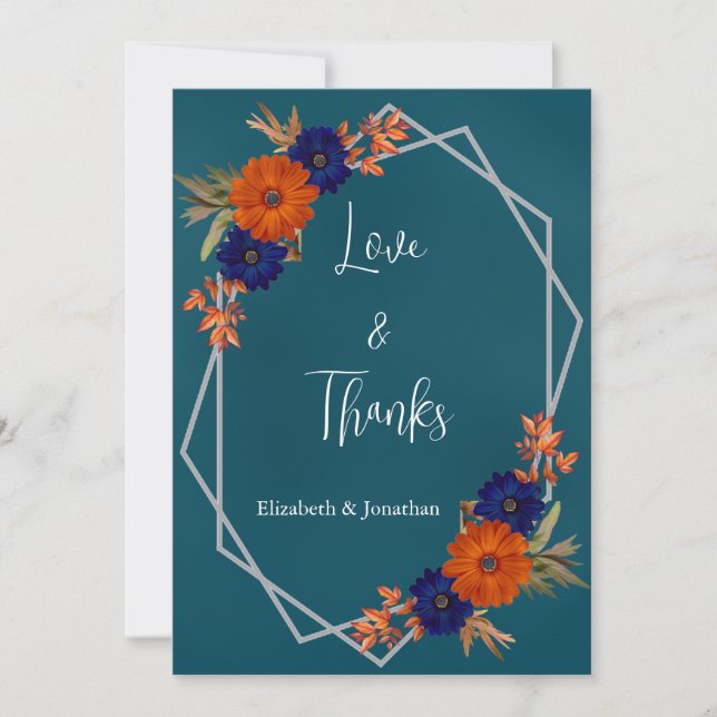 Rustic Autumn Orange Navy Blue Floral Wedding Thank You Card (Front)