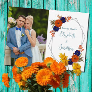 Rustic Autumn Orange Navy Blue Floral Wedding Thank You Card