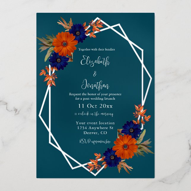 Rustic Autumn Orange Navy Blue Post-Wedding Brunch (Front)