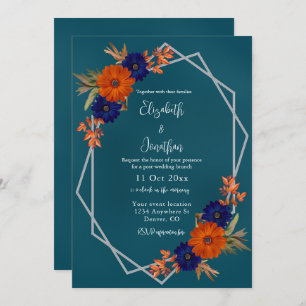 Rustic Autumn Orange Navy Blue Post-Wedding Brunch Invitation