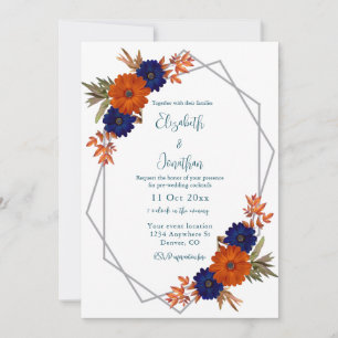 Rustic Autumn Orange Navy Blue Wedding Cocktails Invitation