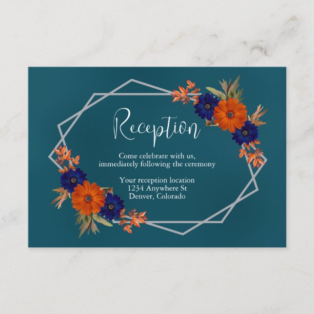 Rustic Autumn Orange Navy Blue Wedding Reception Enclosure Card (Front)