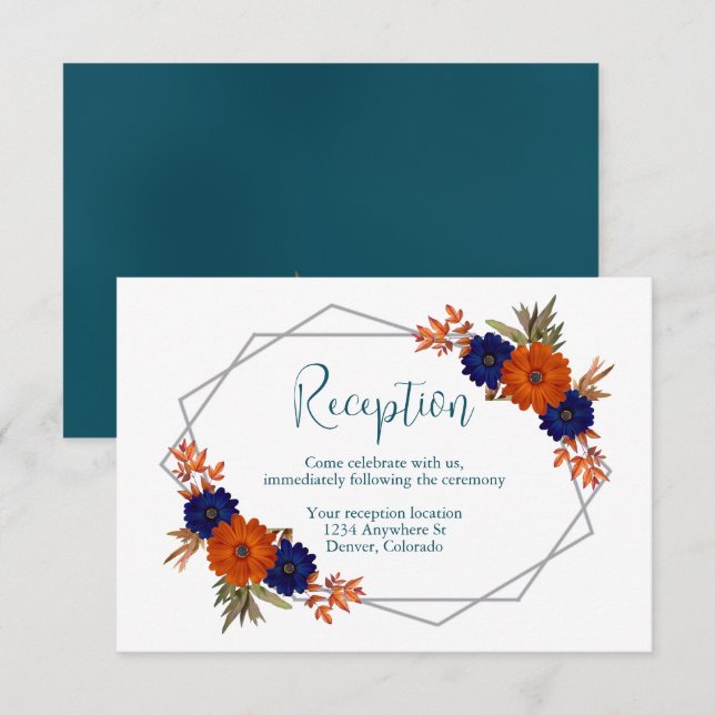 Rustic Autumn Orange Navy Blue Wedding Reception Enclosure Card (Front/Back)