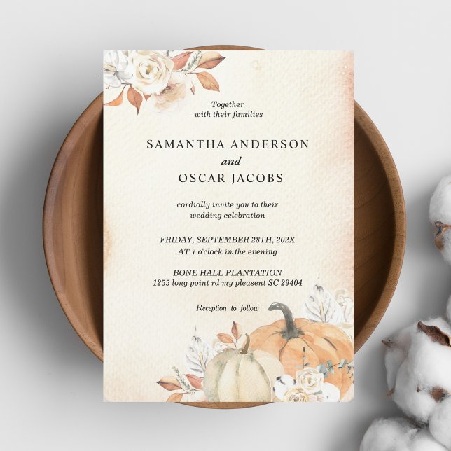 Rustic Autumn Orange Pumpkins & Flowers Invitation (Creator Uploaded)