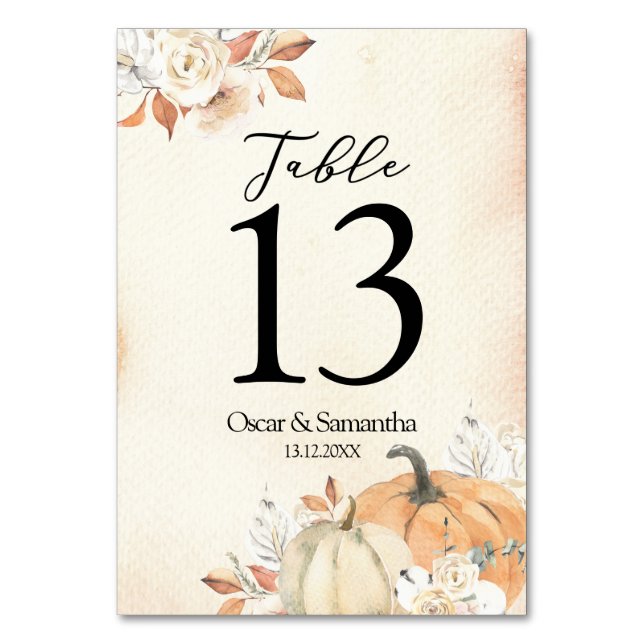 Rustic Autumn Orange Pumpkins & Flowers Table Number (Front)