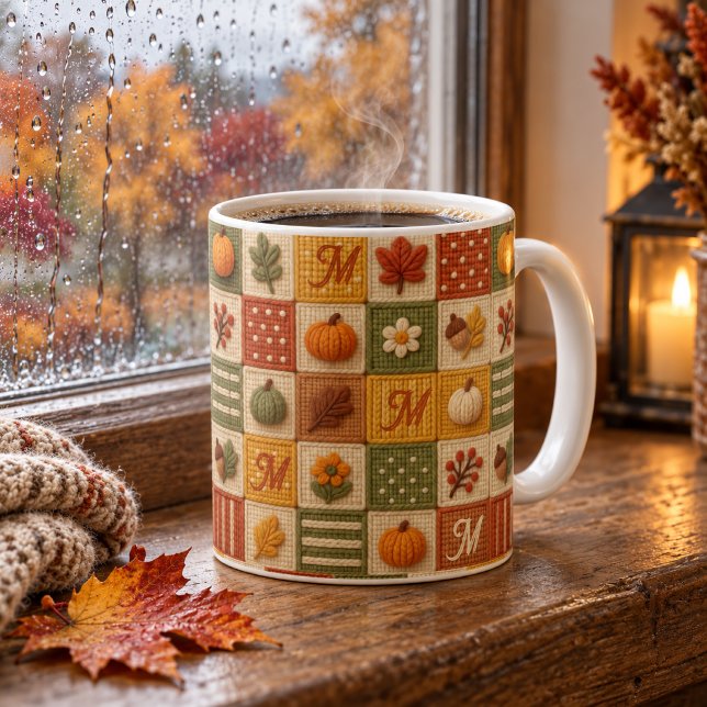 Rustic Autumn Patchwork Pumpkin Monogram Coffee Mug (Creator Uploaded)