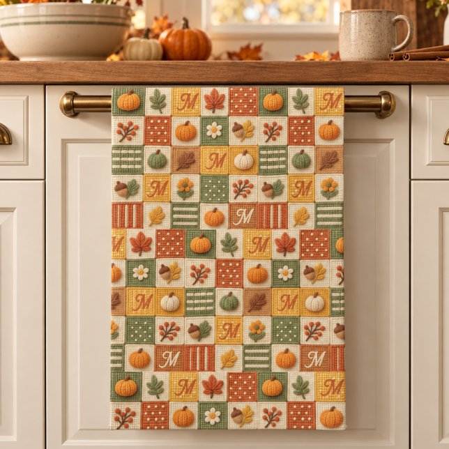Rustic Autumn Patchwork Pumpkin Monogram Tea Towel (Creator Uploaded)