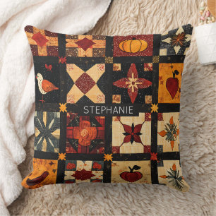 Rustic Autumn Patchwork Quilt Pattern Farmhouse Cushion