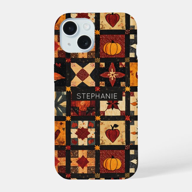 Rustic Autumn Patchwork Quilt Pattern | Farmhouse iPhone 15 Case (Back)