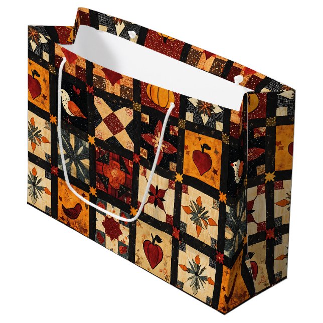 Rustic Autumn Patchwork Quilt Pattern | Farmhouse Large Gift Bag (Front Angled)