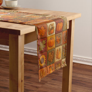 Rustic Autumn Patchwork with Thanksgiving Message Short Table Runner