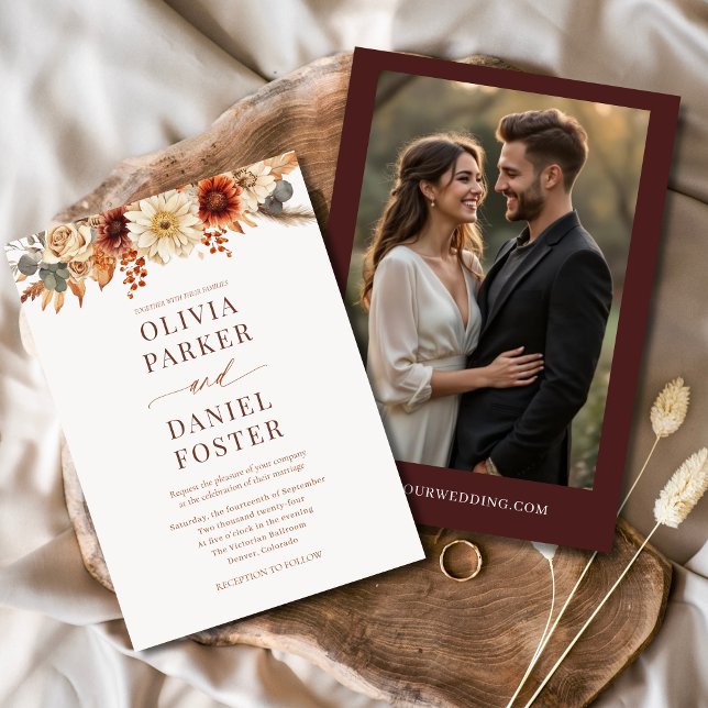 Rustic Autumn Photo Floral Wedding  Invitation (Creator Uploaded)