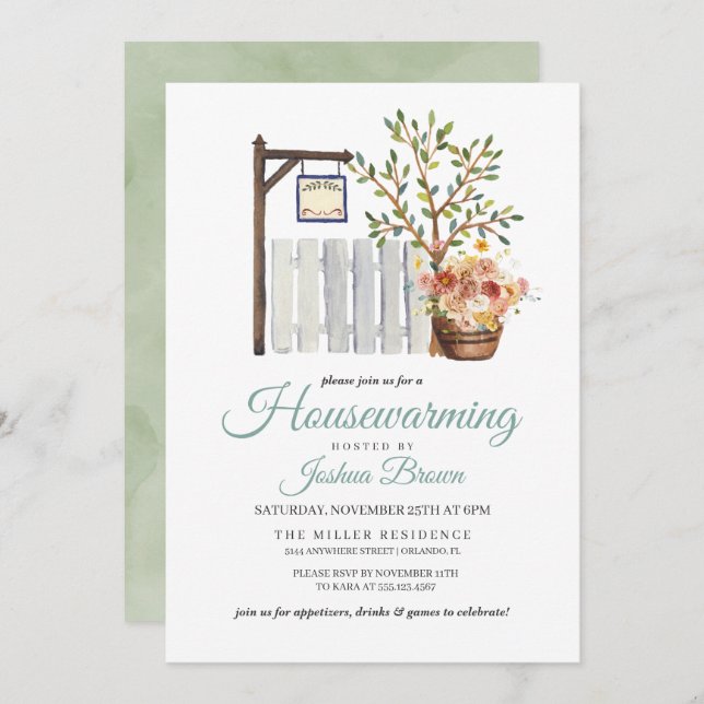 Rustic Autumn Picket Fence Housewarming Invitation (Front/Back)