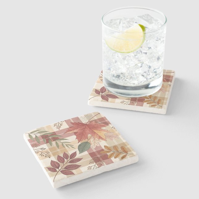 Rustic Autumn Plaid & Leaves | Stone Coaster (Side)