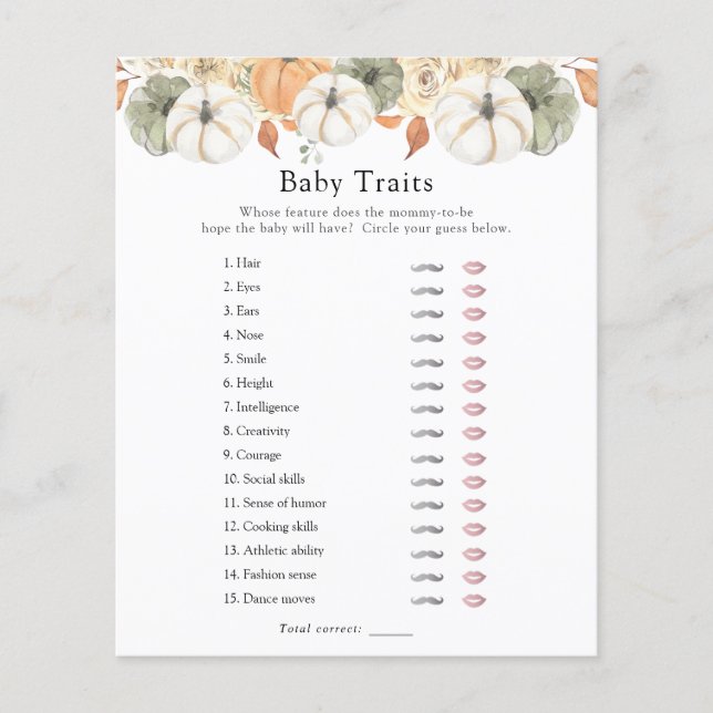 Rustic Autumn Pumpkin Baby Traits Shower Game (Front)