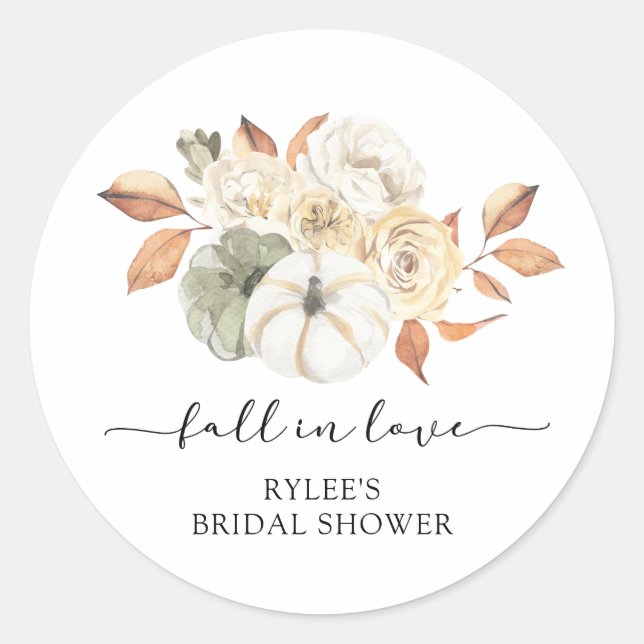 Rustic Autumn Pumpkin Bridal Shower Classic Round Sticker (Front)