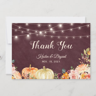 Rustic Autumn Pumpkin Burgundy Floral String Light Thank You Card
