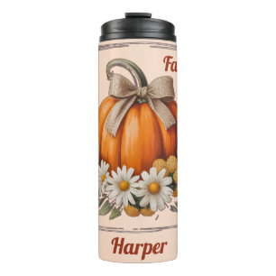 Rustic Autumn Pumpkin Burlap Bow Daisies Harvest Thermal Tumbler