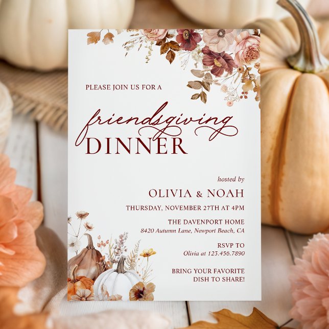 Rustic Autumn Pumpkin Floral Friendsgiving Dinner Invitation (Creator Uploaded)