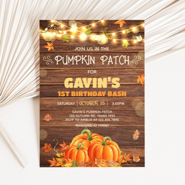 Rustic Autumn Pumpkin Patch Birthday Invitation (Rustic Autumn Pumpkin Patch String Lights Birthday Invitation)