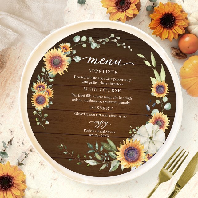 Rustic Autumn Pumpkin Sunflower Circle Menu Card  (Creator Uploaded)