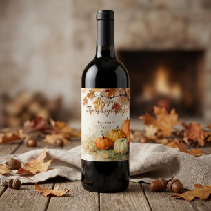 Rustic Autumn Pumpkins and Leaves Thanksgiving Wine Label